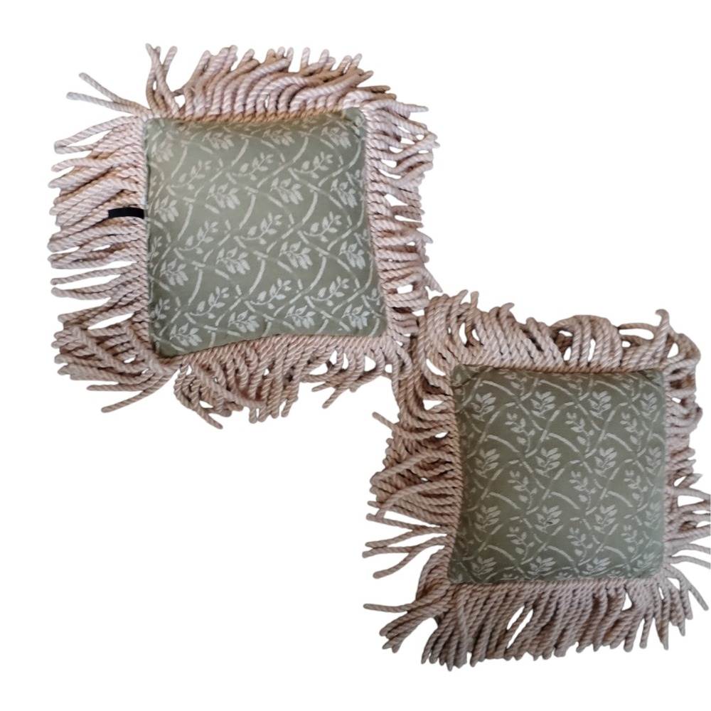 Vtg DAKOTAH Set of 2 Throw Pillows Green Trellis Leaf Jacquard Heavy Rope Fringe
